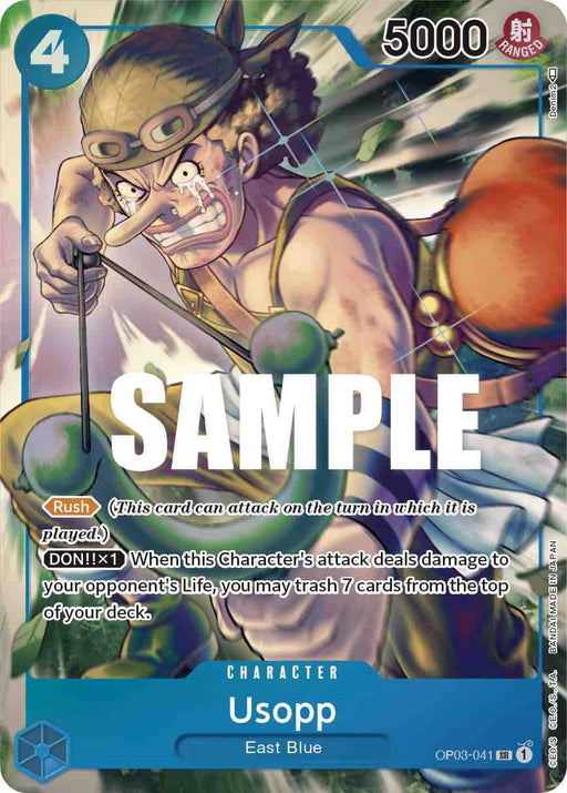 A playing card features a character named "Usopp" from the "One Piece" series. Usopp, wearing goggles and a headband, brandishes a slingshot among green orbs. The super rare card details include 5000 power points, a cost of 4, and abilities: Rush and DON!! x1. The word "SAMPLE" is printed across the card. This special card is called Usopp (Alternate Art) [Pillars of Strength] by Bandai.