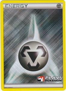 A Pokémon Metal Energy (2011 Play Pokémon Promo) [League & Championship Cards] trading card depicting a Metal Energy with a silver-grey background and metallic textures. The central symbol features three black arrows in a recycling shape surrounding a blank circle. A "Play! Pokémon" logo is at the bottom right corner, marking it as part of League & Championship Cards.