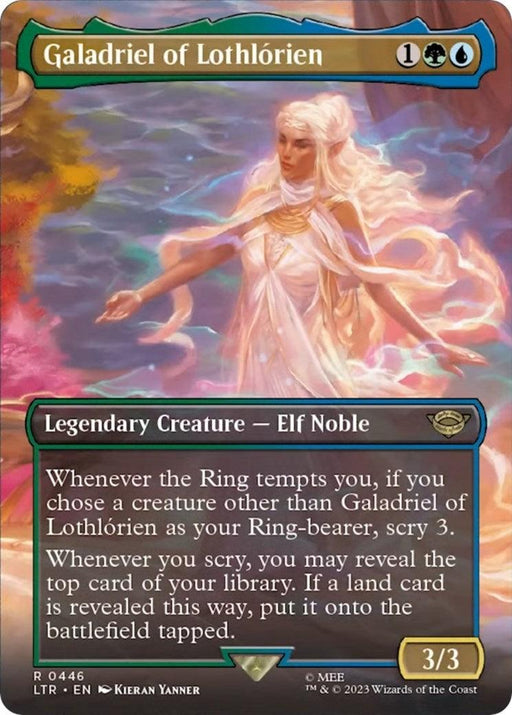 A Magic: The Gathering card named "Galadriel of Lothlorien (Borderless Alternate Art) [The Lord of the Rings: Tales of Middle-Earth]" depicts a glowing, ethereal female figure in a flowing white dress. She stands amidst colorful, mystical surroundings from The Lord of the Rings. The card details include her scry 3 abilities and she's a 3/3 Legendary Creature - Elf Noble.