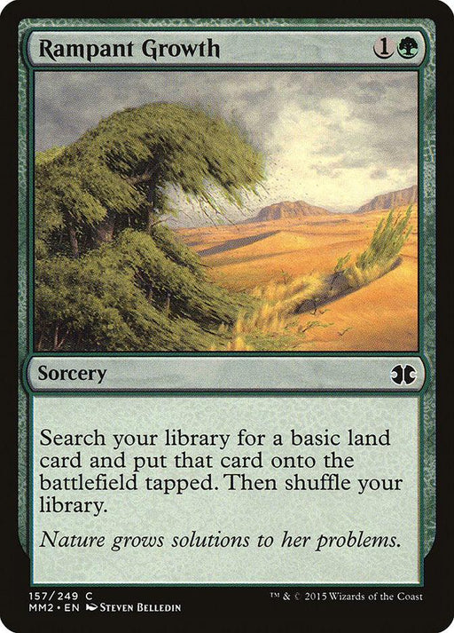 A "Rampant Growth" [Modern Masters 2015] card from Magic: The Gathering features a green sorcery spell. The artwork depicts a rapid, swirling burst of vegetation in a desert landscape with mountains. The card text reads: "Search your library for a basic land card and put that card onto the battlefield tapped. Then shuffle your library." Flavor text: "Nature grows solutions