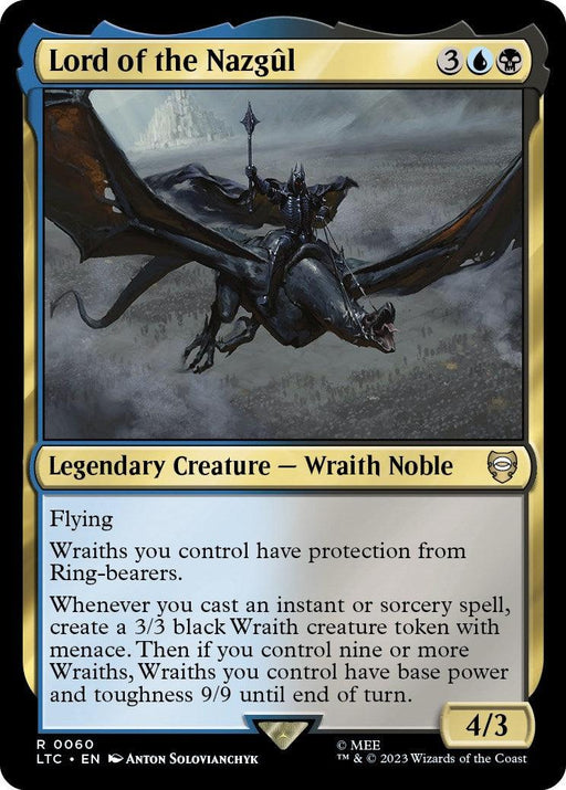 A rare Magic: The Gathering card from The Lord of the Rings: Tales of Middle-Earth Commander, titled "Lord of the Nazgul." It costs 3 generic, 1 blue, and 1 black mana. Showcasing a flying figure on a black winged creature, this legendary wraith noble has flying and grants protection from Ring-bearers to wraiths. It's