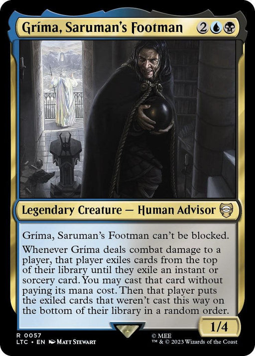 A Magic: The Gathering card named "Grima, Saruman's Footman [The Lord of the Rings: Tales of Middle-Earth Commander]." The card, from the Middle-Earth Commander series, has four mana cost symbols: two generic, one blue, and one black. It features a human advisor holding a black orb in a dimly-lit room. The card is of the Legendary Creature type with a power/toughness of 1/4.