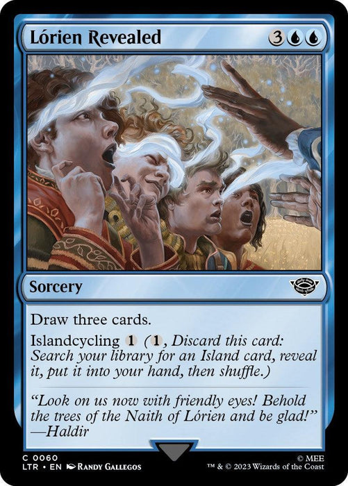 A Magic: The Gathering card titled "Lorien Revealed [The Lord of the Rings: Tales of Middle-Earth]." The card shows an illustration of three startled individuals, eyes wide, as ethereal white light emanates from their heads. This sorcery costs 3 blue mana and 2 generic mana. It allows the player to draw three cards and has Islandcycling for 1 colorless mana.