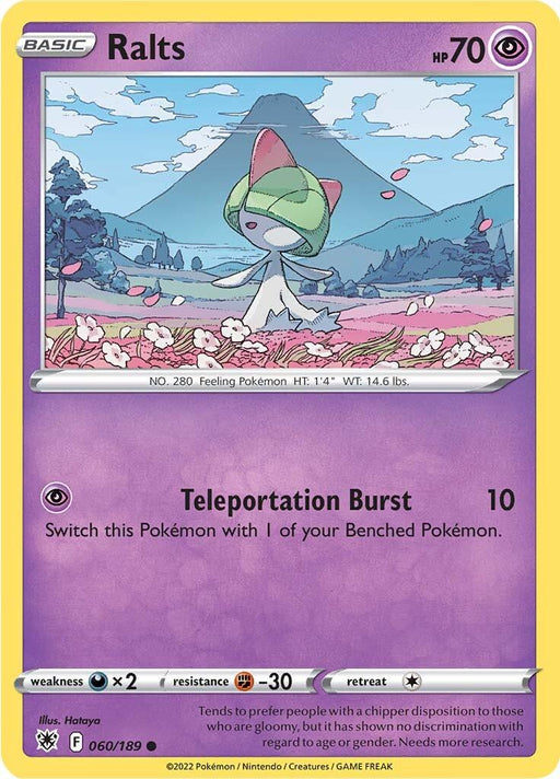 A Pokémon trading card for Ralts (060/189) [Sword & Shield: Astral Radiance] from the Pokémon series with a purple border. The card features an illustration of Ralts, a small, white Psychic Pokémon with a green helmet-like structure covering its eyes, in a field of pink flowers with mountains in the background. It has 70 HP and the move "Teleportation Burst" for 10 damage.