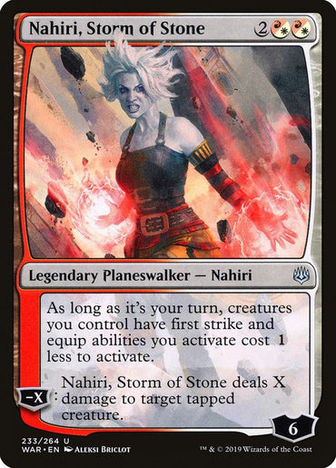 The "Nahiri, Storm of Stone [War of the Spark]" card from Magic: The Gathering features a formidable white-haired Legendary Planeswalker engulfed in red energy. Wearing dark armor and wielding a luminous sword, she impacts combat dynamics with her special ability and has a loyalty value of 6. The artwork is crafted by Aleksi Briclot.