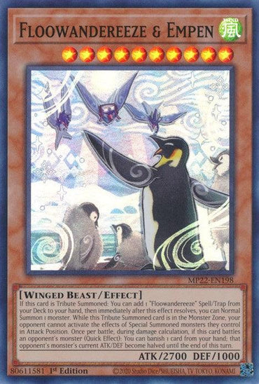 A Yu-Gi-Oh! trading card titled "Floowandereeze & Empen [MP22-EN198] Super Rare," featured in the 2022 Tin of the Pharaoh's Gods, showcases a majestic emperor penguin with three smaller birds in a snowy landscape. This Super Rare Effect Monster boasts 2700 attack points and 1000 defense points, highlighting its impressive power.