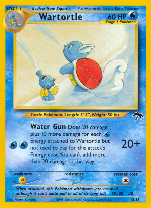 Image of the Wartortle (15/18) [Southern Islands] Pokémon card showing a Water Type turtle. It has 60 HP, features the Water Gun attack, and evolves from Squirtle. Weaknesses, resistances, and retreat cost are shown.