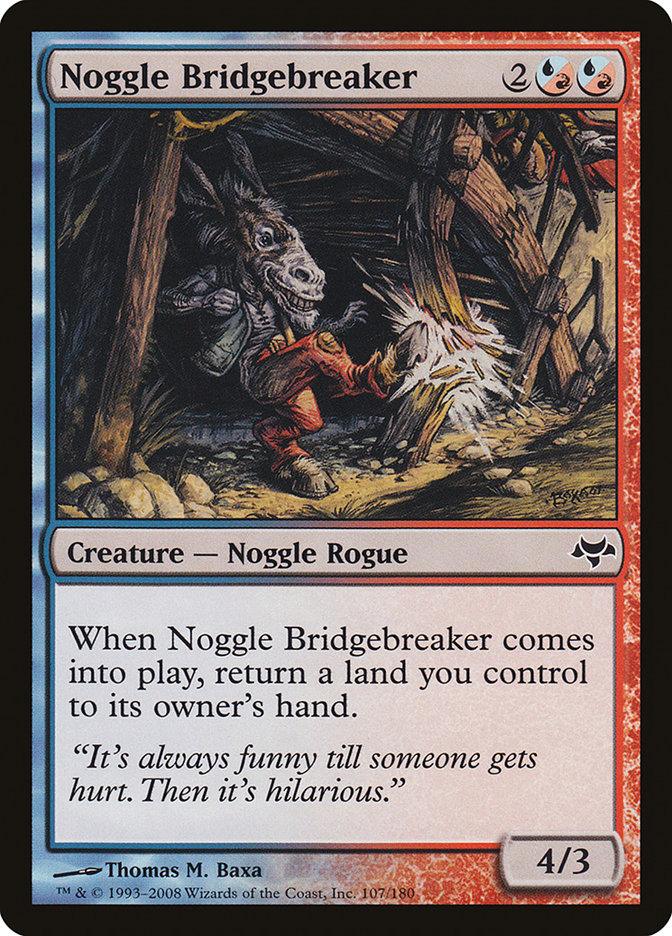 The Noggle Bridgebreaker [Eventide] from Magic: The Gathering is a card costing two generic and two red/blue hybrid mana. This Creature — Noggle Rogue, depicted as a donkey-headed being smashing a bridge with a mallet, is a 4/3 that returns a land to its owner's hand upon entering the battlefield.