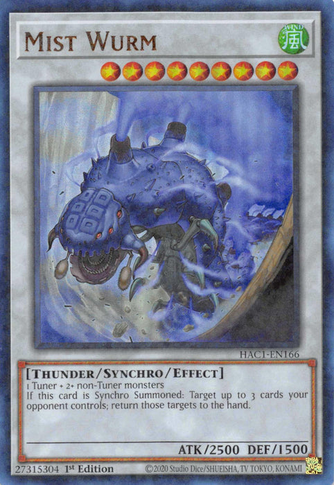 A Yu-Gi-Oh! trading card titled "Mist Wurm (Duel Terminal) [HAC1-EN166] Parallel Rare" from the Hidden Arsenal series. The card depicts an otherworldly blue creature with several red eyes and tentacles, emerging fiercely from a foggy vortex. This Effect Monster, which is Synchro Summoned, has Wind attributes, with 2500 attack and 1500 defense power.