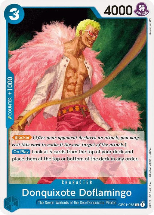 A rare character card of Donquixote Doflamingo [Romance Dawn] from Bandai. The card shows Doflamingo with blonde hair, sunglasses, a pink feathered coat, and white pants. It has 4000 power and 3 cost and describes abilities like "Blocker" and "On Play" effects.