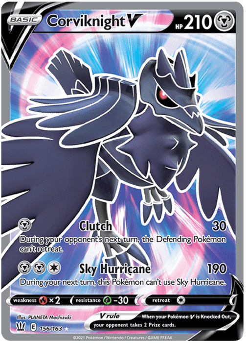 A Pokémon trading card featuring Corviknight V (156/163) [Sword & Shield: Battle Styles] from Pokémon. It has 210 HP and depicts Corviknight with outstretched wings in a dynamic, colorful background. This Ultra Rare card has two attacks: Clutch for 30 damage and Sky Hurricane for 190 damage. Weakness: ×2 to Electric. Resistance: -30 to Fighting. Retreat cost: 2 energy