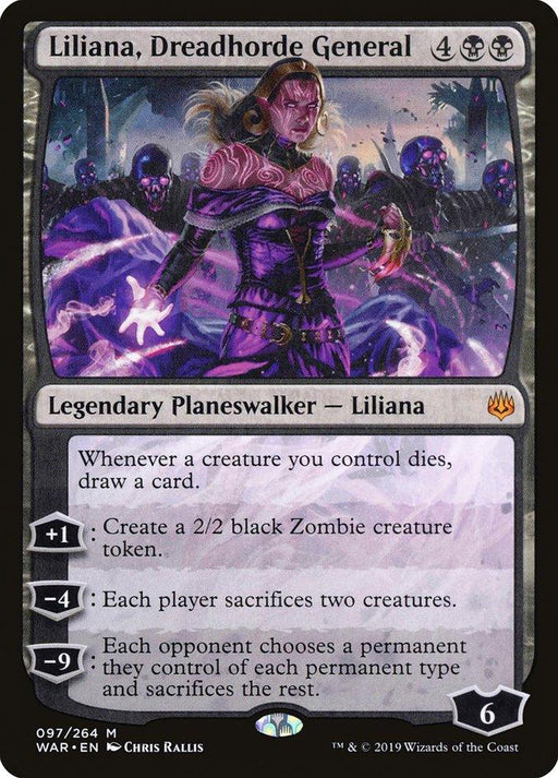 Liliana, Dreadhorde General [War of the Spark] from **Magic: The Gathering** depicts her casting a spell with zombies behind her. The card text includes abilities to draw cards, create zombie tokens, and make players sacrifice creatures and permanents.