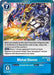 A Digimon card titled "Metal Storm [BT9-097] [X Record Pre-Release Promos]" with pre-release text. It has a blue border and a cost value of 7. The artwork features a mechanical dragon-like Digimon firing energy blasts. Instructions detail its effects, including returning opponent's Digimon and unsuspending Garurumon or other X Antibody cards.