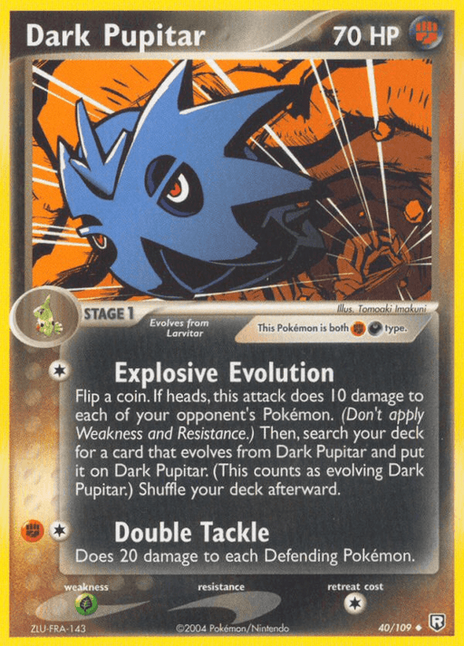 A Pokémon trading card featuring Dark Pupitar (40/109) [EX: Team Rocket Returns] with 70 HP. The card displays an illustration of Dark Pupitar, a stage 1 Pokémon that evolves from Larvitar. Text detailing the abilities "Explosive Evolution" and "Double Tackle" is present. Part of the Team Rocket Returns set, it is numbered 40 out of 109.