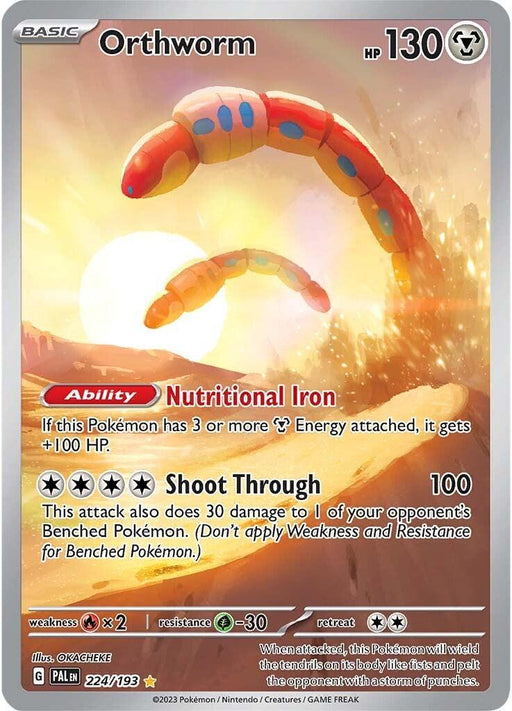 A Pokémon Orthworm (224/193) [Scarlet & Violet: Paldea Evolved] trading card with 130 HP from the Scarlet & Violet series. Orthworm is illustrated as a segmented, red and orange worm-like creature with a metallic sheen. It has an ability called Nutritional Iron and a move called Shoot Through. This Illustration Rare includes the illustrator's name and card series details at the bottom.
