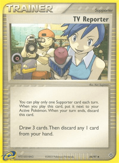 A Pokémon card featuring a TV Reporter with blue hair and a light blue sleeveless top holding a microphone. Behind her is a man with brown hair holding a camera. This uncommon TV Reporter (88/97) [EX: Dragon] by Pokémon has the text 