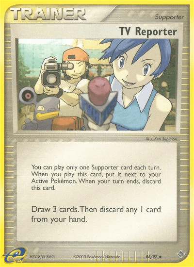 A Pokémon card featuring a TV Reporter with blue hair and a light blue sleeveless top holding a microphone. Behind her is a man with brown hair holding a camera. This uncommon TV Reporter (88/97) [EX: Dragon] by Pokémon has the text "Trainer" and instructions to draw 3 cards, then discard 1 from your hand.