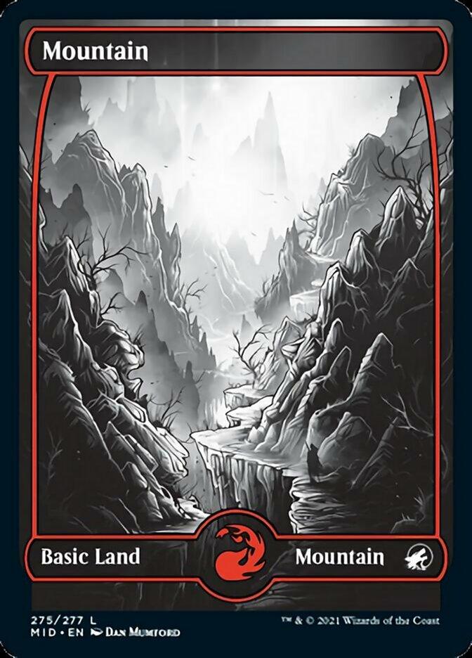 A fantasy-themed card from Magic: The Gathering depicts a mountainous landscape with jagged, rocky peaks shrouded in mist. The monochromatic art is predominantly in shades of gray, with a red accent at the bottom, featuring the 