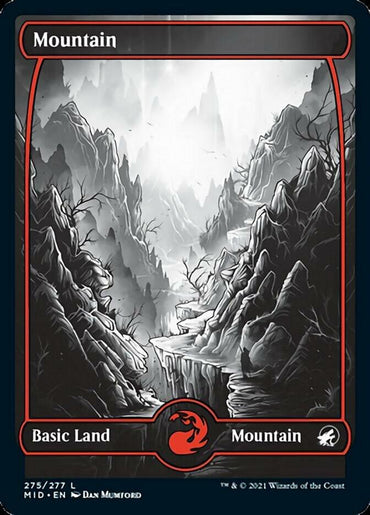 A fantasy-themed card from Magic: The Gathering depicts a mountainous landscape with jagged, rocky peaks shrouded in mist. The monochromatic art is predominantly in shades of gray, with a red accent at the bottom, featuring the "Mountain" label. The card is a "Mountain (275) [Innistrad: Midnight Hunt]" for Magic: The Gathering.