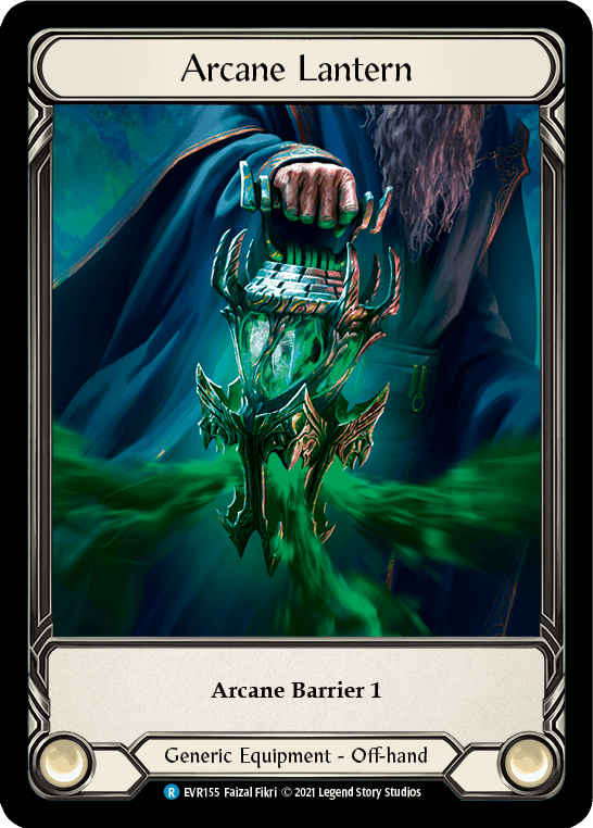 A fantasy trading card illustration titled "Arcane Lantern [EVR155] (Everfest) 1st Edition Cold Foil" from the Flesh And Blood Everfest 1st Edition series shows a hooded figure holding a glowing, mystical lantern adorned with intricate designs. Green, magical energy radiates from the lantern. The card text indicates it provides "Arcane Barrier 1" and belongs to the "Generic Equipment - Off-hand" category.