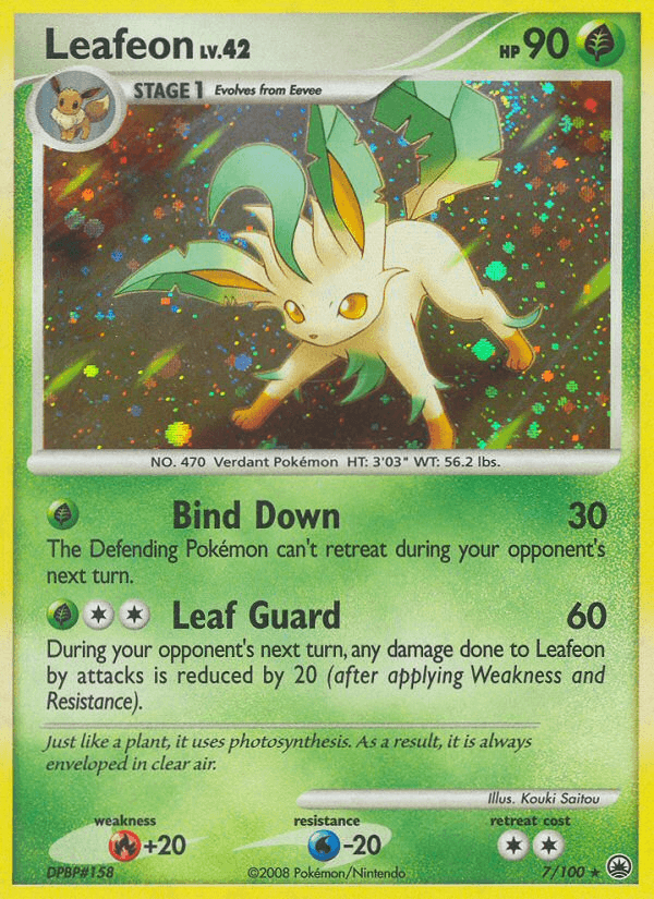 Image of a Pokémon trading card featuring Leafeon (7/100) [Diamond & Pearl: Majestic Dawn] from the Pokémon brand. The Holo Rare card has a green and gold border, depicting Leafeon on a grassy field with leaves on its body. The card details include 90 HP, moves 