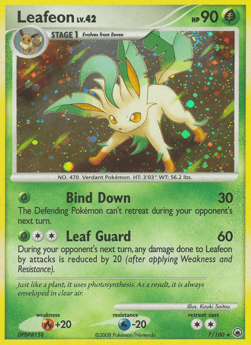 Image of a Pokémon trading card featuring Leafeon (7/100) [Diamond & Pearl: Majestic Dawn] from the Pokémon brand. The Holo Rare card has a green and gold border, depicting Leafeon on a grassy field with leaves on its body. The card details include 90 HP, moves "Bind Down" and "Leaf Guard," and an illustration by Kouki Saitou. It's numbered 7/100.