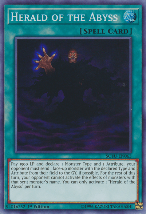 A "Yu-Gi-Oh!" card titled "Herald of the Abyss [SOFU-EN063] Super Rare." The artwork depicts a dark, eerie figure emerging from murky, swirling waters with an outstretched arm. As a Normal Spell from the Soul Fusion set, it forces the opponent to send a declared monster type and attribute to the graveyard. The card number is SOFU-EN063.