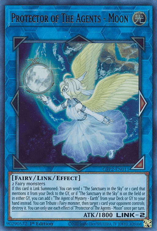 A Yu-Gi-Oh! trading card featuring "Protector of The Agents - Moon [GFP2-EN011] Ultra Rare" from Ghosts From the Past: The 2nd Haunting. The card art shows a winged, angelic figure holding a glowing crescent moon, cloaked in light blue and white with ethereal features. It's a Fairy/Link/Effect type with ATK 1800.