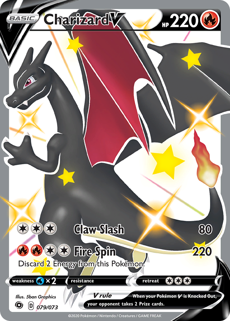 A Pokémon Charizard V (079/073) card from the Sword & Shield: Champion's Path series showcases a black dragon with red wings amidst shimmering golden stars. This Secret Rare features 220 HP and includes the 