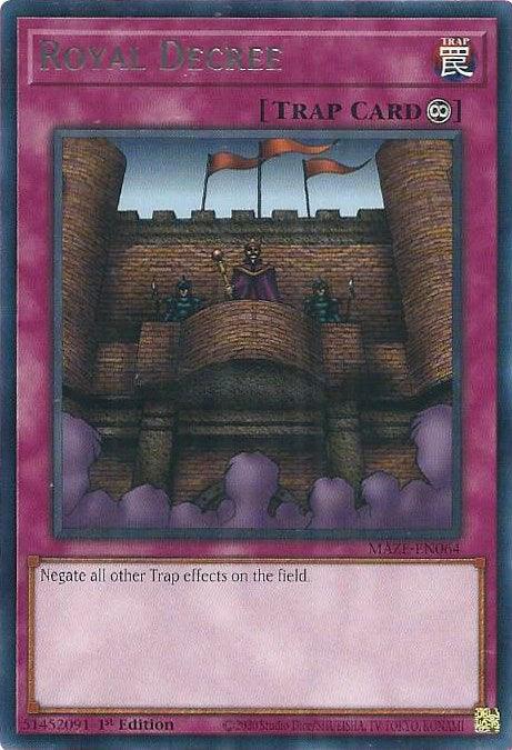 A "Yu-Gi-Oh!" trading card titled "Royal Decree [MAZE-EN064] Rare" from the Maze of Memories series. The card features an image of a castle with a king on a balcony, flanked by two guards. Three flags wave atop the walls. With its pink border and Continuous Trap icon, this rare card is highly sought after.