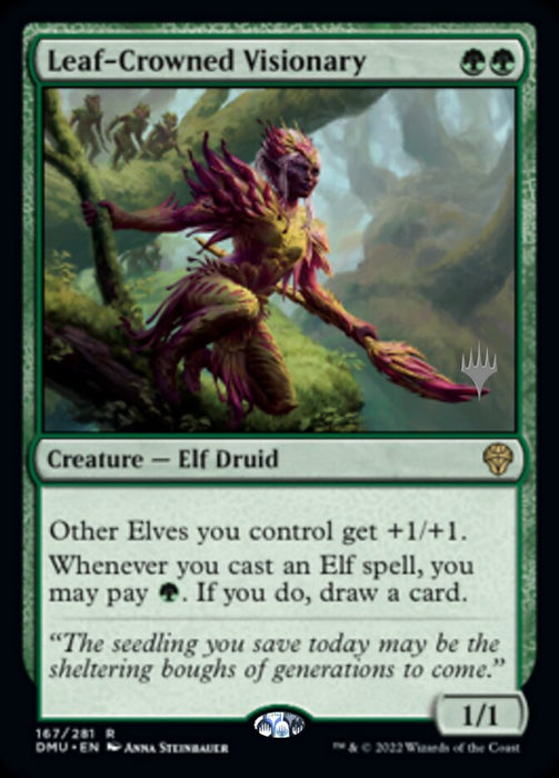 The fantasy card "Leaf-Crowned Visionary," part of the Dominaria United Promos and released as a Promo Pack by Magic: The Gathering, depicts an elf druid adorned with leaves and branches in a vibrant forest. This rare card features stats of 1/1, with abilities that boost other elves by +1/+1 and allow drawing a card when casting an elf spell if green mana is paid. The border is green and includes the set symbol.