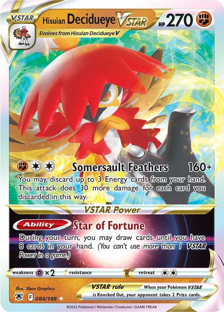 A Pokémon Hisuian Decidueye VSTAR trading card (084/189) from the Sword & Shield: Astral Radiance set, boasting 270 HP. This Ultra Rare card features the "Somersault Feathers" attack with 160+ damage and the "Star of Fortune" VSTAR Power, all depicted in dynamic red and yellow against a starry background.