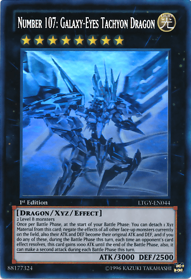 An image of the Yu-Gi-Oh! trading card "Number 107: Galaxy-Eyes Tachyon Dragon [LTGY-EN044] Ghost Rare" from the "Lord of the Tachyon Galaxy" series. This 1st Edition Xyz/Effect Monster card features a cosmic dragon with mechanical attributes and stats: ATK/3000 DEF/2500.