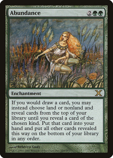 The Abundance [Tenth Edition] Magic: The Gathering card showcases a woman with flowing hair in a white dress, sitting among tall plants. This rare Enchantment, which requires 2 green and 2 colorless mana to cast, allows players to choose land or nonland cards to draw from the library. The card is illustrated by Rebecca Guay.