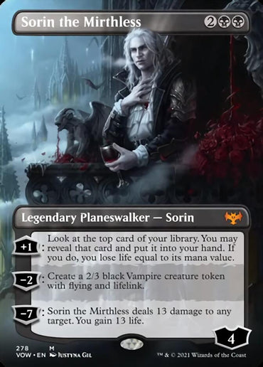 Magic: The Gathering card Sorin the Mirthless (Borderless) from Innistrad: Crimson Vow features a Mythic legendary planeswalker. Sorin, depicted as a pale vampire with long white hair holding a goblet of blood, has abilities that include drawing cards at the cost of life, creating 2/3 black Vampire tokens with flying and lifelink, and dealing damage to opponents.