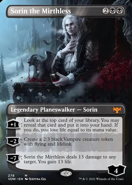 Magic: The Gathering card Sorin the Mirthless (Borderless) from Innistrad: Crimson Vow features a Mythic legendary planeswalker. Sorin, depicted as a pale vampire with long white hair holding a goblet of blood, has abilities that include drawing cards at the cost of life, creating 2/3 black Vampire tokens with flying and lifelink, and dealing damage to opponents.