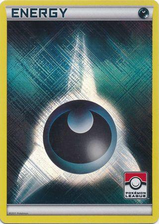A Pokémon Darkness Energy (2011 Pokemon League Promo) [League & Championship Cards] featuring a Darkness Energy symbol in the center against a textured, metallic blue and green background. The card has a yellow border, “ENERGY” at the top, and a Pokémon League logo at the bottom right corner, making it a standout among League & Championship Cards.
