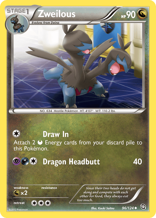 A Pokémon trading card featuring Zweilous, a Stage 1 Dark and Dragon-type Pokémon from Dragons Exalted. The uncommon card has 90 HP and evolves from Deino. Its moves are Draw In and Dragon Headbutt. The artwork shows Zweilous with two dragon heads against a blue-purple background. It is card number 96 out of 124 and named Zweilous (96/124) [Black & White: Dragons Exalted] from the Pokémon brand.