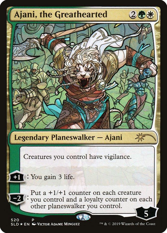 A Magic: The Gathering card titled "Ajani, the Greathearted (Stained Glass) [Secret Lair Drop Promos]." This Legendary Planeswalker, featured in a Secret Lair Drop, displays a lion-headed figure adorned in green, white, and golden armor. Wielding a staff with vines and leaves, Ajani grants creatures vigilance, gains life, and adds +1/+1 counters.