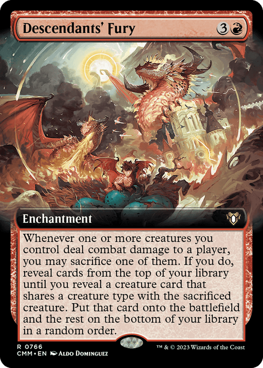 A rare fantasy card titled "Descendants' Fury (Extended Art) [Commander Masters]" depicts a fierce battle scene with a warrior, wielding a long spear, confronting a red-scaled dragon. The background is ablaze with bright flames and chaotic energy. Text describing enchantment abilities fills the bottom half of this Magic: The Gathering card.