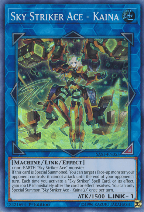 A Yu-Gi-Oh! trading card titled "Sky Striker Ace - Kaina [SAST-EN055] Super Rare" showcases a futuristic warrior in greenish armor with glowing parts, set against a digital, sci-fi background. This Link/Effect Monster's text details its attributes, effects, summoning conditions, and stats of ATK/1500 and LINK-1.