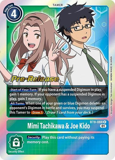 A "Mimi Tachikawa & Joe Kido" card [BT9-088] from the Digimon X Record Pre-Release Promos series features a blue border and depicts a girl with long brown hair alongside a boy wearing glasses and a green tie. The card details abilities such as gaining memory and drawing cards.