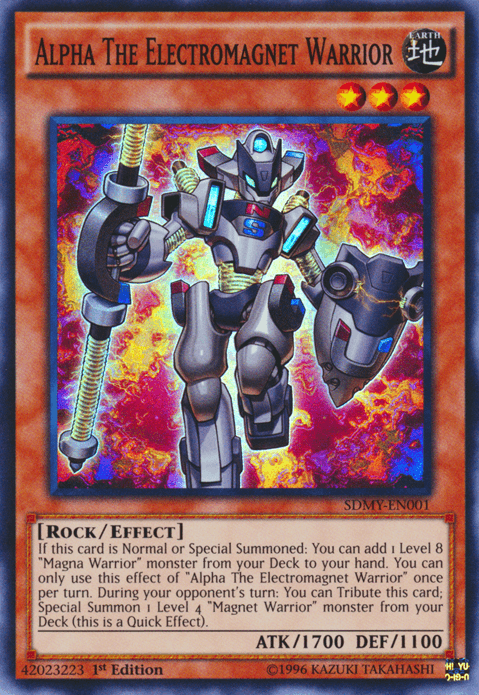 The image is a Yu-Gi-Oh! trading card of "Alpha The Electromagnet Warrior [SDMY-EN001] Super Rare," an Effect Monster from the Magna Warrior series. It features a humanoid robotic figure with blue eyes, holding a staff and a sphere, both emitting electric energy. The card has 1700 ATK and 1100 DEF, detailing its special summoning and tribute abilities.