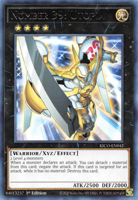 Image of a Rare Yu-Gi-Oh! card, "Number 39: Utopia [KICO-EN042] Rare" from King's Court. This Xyz/Effect monster showcases a warrior in white and gold armor, brandishing a sword and shield. It boasts stats of ATK/2500 DEF/2000 and has an effect description related to negating attacks.