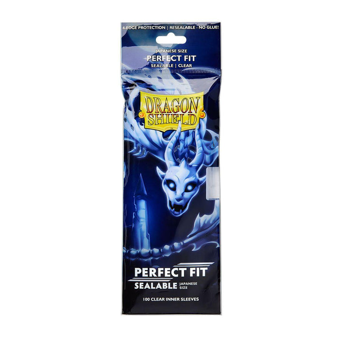 The image showcases a pack of Dragon Shield: Japanese Size 100ct Inner Sleeves - Perfect Fit (Sealable / Clear 'Yama') by Arcane Tinmen, featuring 100 clear inner sleeves. The blue packaging displays artwork of a white dragon and highlights the product’s resealable feature and perfect fit design.