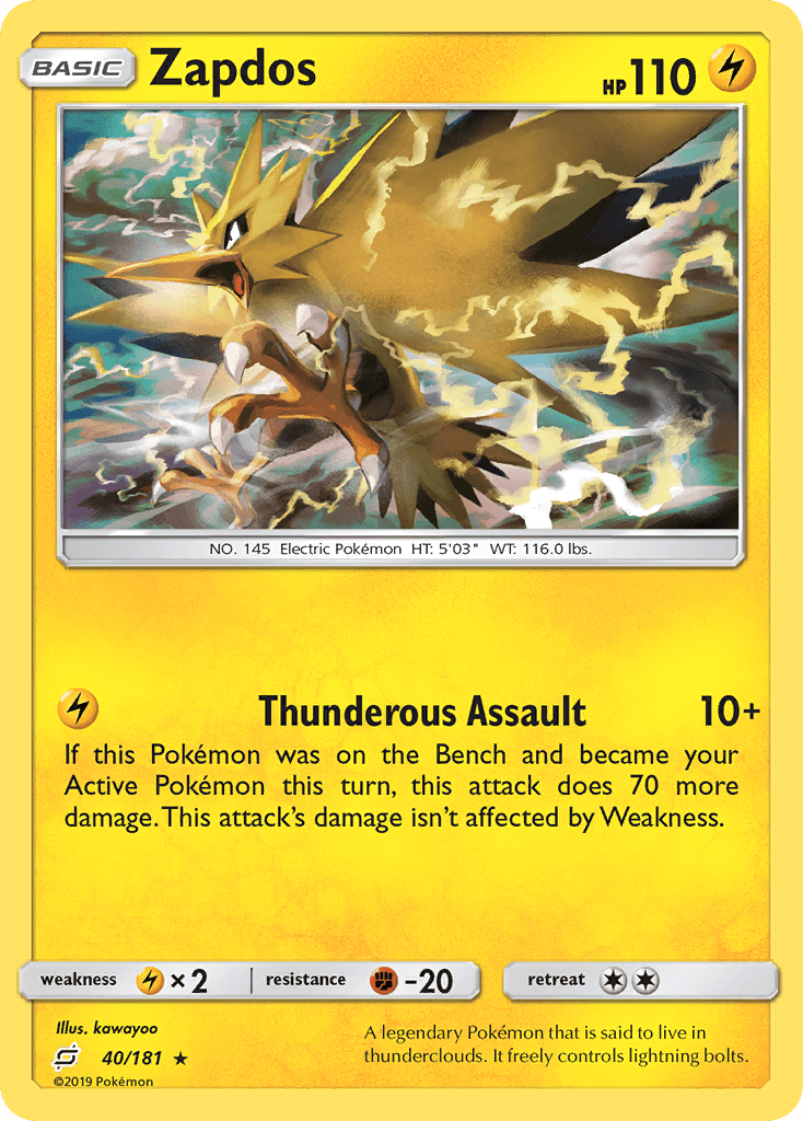 A Pokémon Zapdos (40/181) [Sun & Moon: Team Up] card from the Pokémon brand. The card, with a yellow border, depicts the electric-type Pokémon mid-flight with lightning bolts around it. It has 110 HP and the move 