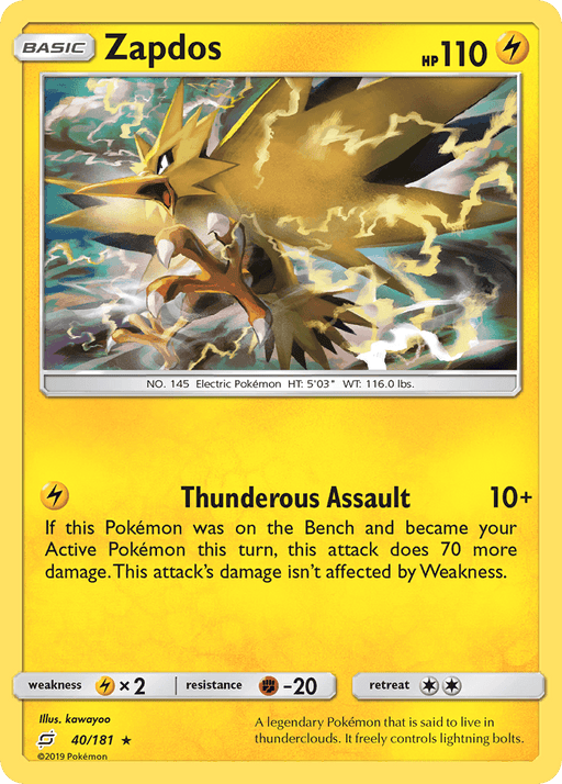 A Pokémon Zapdos (40/181) [Sun & Moon: Team Up] card from the Pokémon brand. The card, with a yellow border, depicts the electric-type Pokémon mid-flight with lightning bolts around it. It has 110 HP and the move "Thunderous Assault." The card text details its attack and other characteristics.