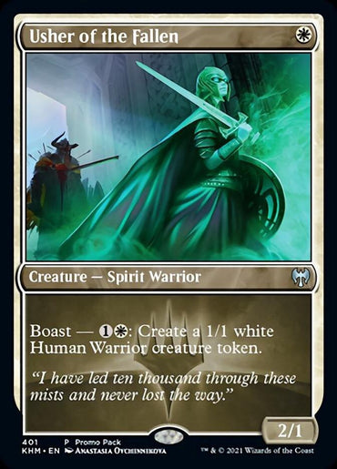 A Magic: The Gathering card titled "Usher of the Fallen (Promo Pack) [Kaldheim Promos]." This Kaldheim Promos card features a spectral Creature — Spirit Warrior wearing glowing green armor and weaponry, standing before two shadowy figures. Its Boast ability includes creating a 1/1 white Human Warrior token. It has a power/toughness of 2/1.