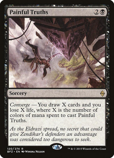 The image showcases the Magic: The Gathering card "Painful Truths [Battle for Zendikar]." This rare sorcery card features dark-themed artwork by Winona Nelson, depicting a distressed figure enveloped in dark energy. The text reads: "Converge — You draw X cards and you lose X life, where X is the number of colors of mana spent to cast Painful Truths.