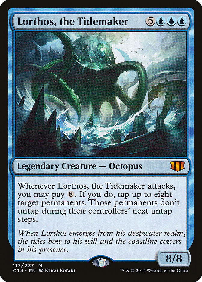 The Magic: The Gathering card Lorthos, the Tidemaker [Commander 2014] showcases a legendary octopus creature with power/toughness 8/8. Requiring a mana cost of 5 blue and 3 colorless, its card text reveals that when Lorthos attacks, it enables you to tap up to eight target permanents. The illustration depicts a colossal octopus emerging from crashing ocean waves.